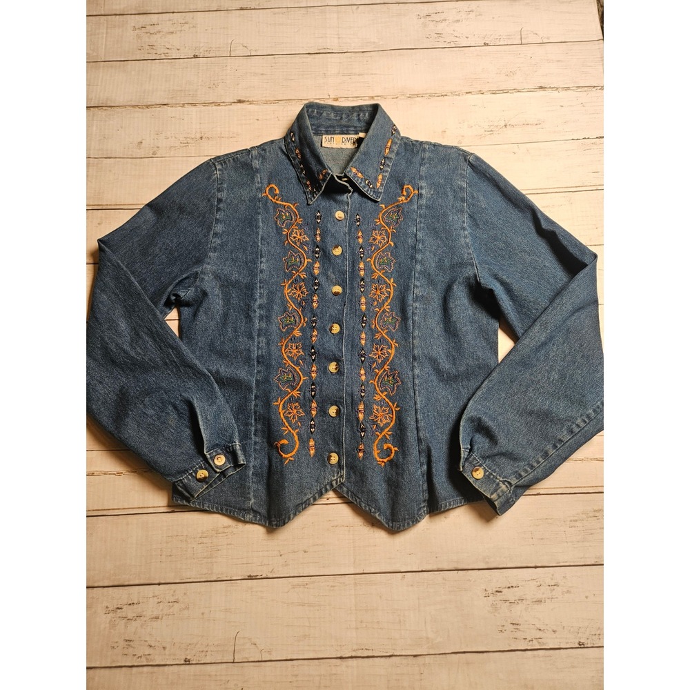 Sun‎ River Vintage 90s Embroidered Denim Shirt Womens S Tie Back Western Floral